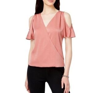 Bar III Pink Cold Shoulder Ruffled Sleeve Top